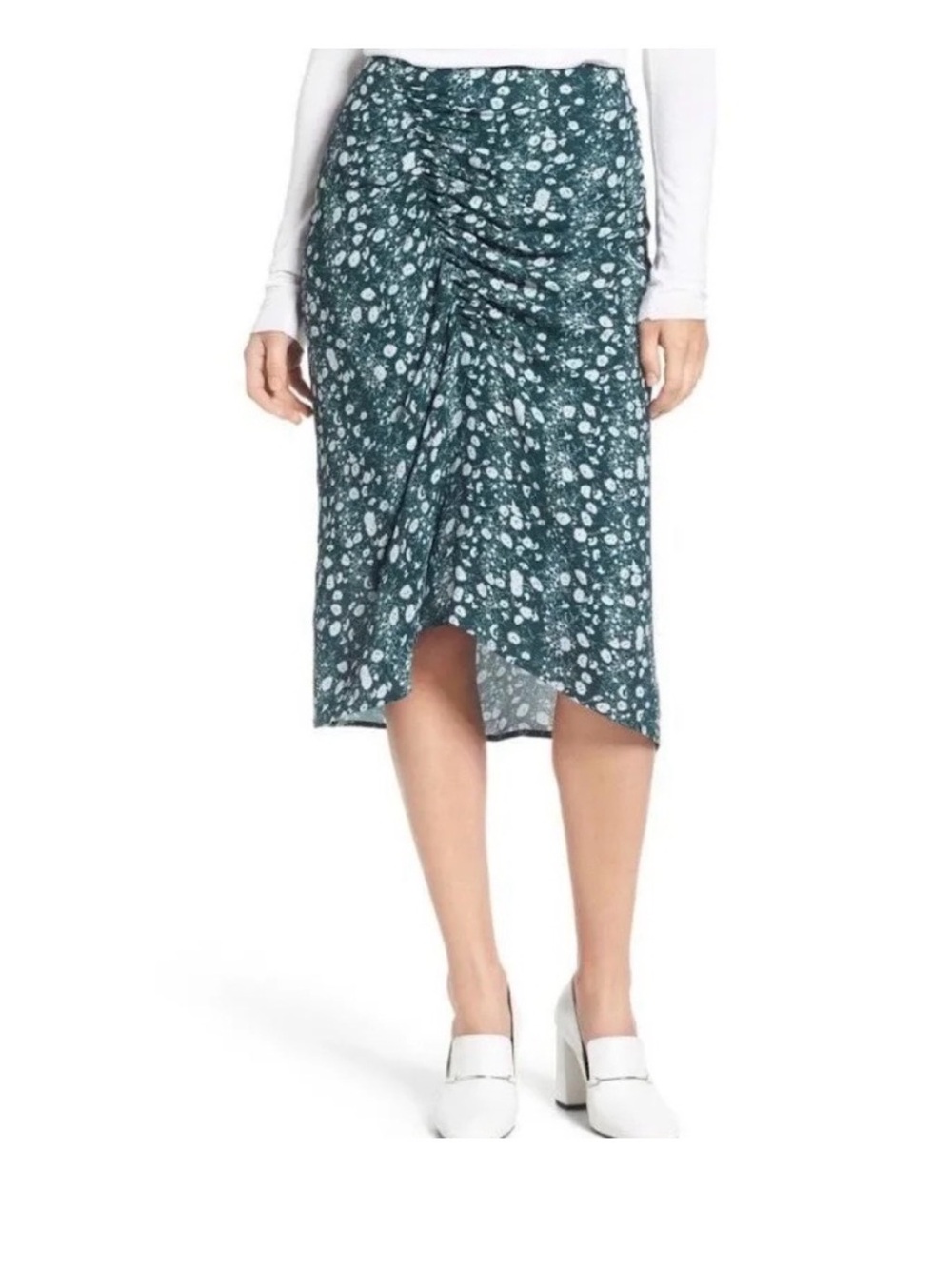 Lewit Teal Green Floral Ruched High-Low Midi Skirt